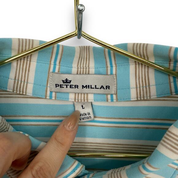 Peter Millar Summer Comfort Polo Shirt Blue White Stripe Logo Embroidered Size L - Picture 3 of 7